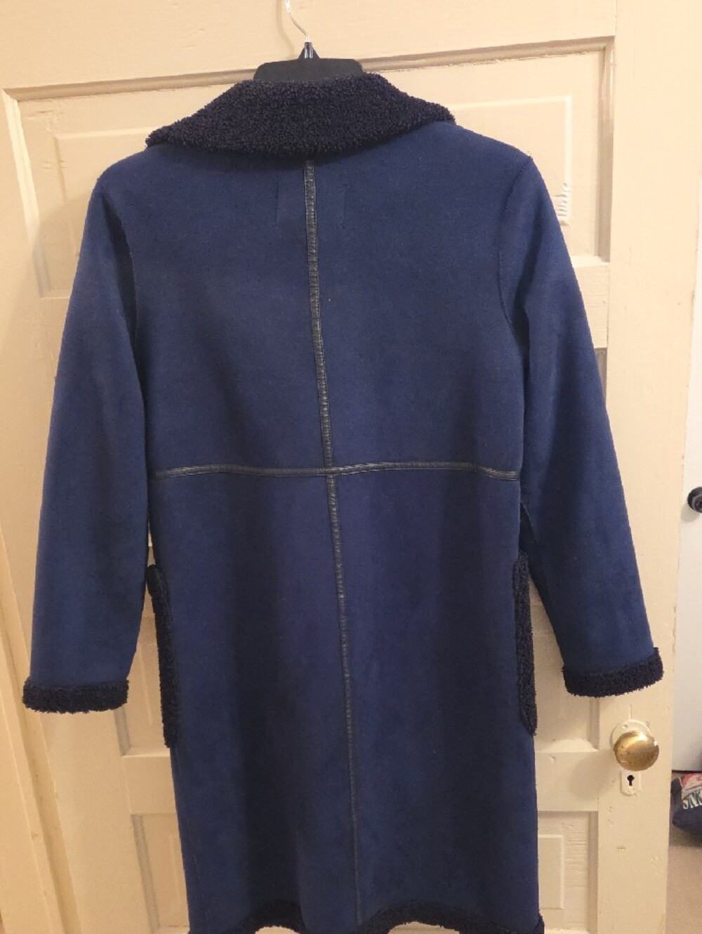 Zara Navy Blue Double-Breasted Shearling-Trim Trench Coat - Picture 5 of 5